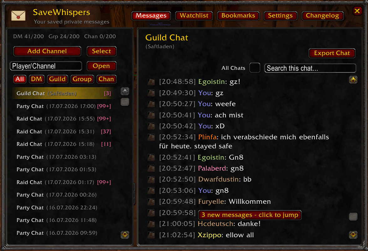 Thumbnail Every DM, Guild, Party/Raid session and custom channel in one place, with per-chat search.