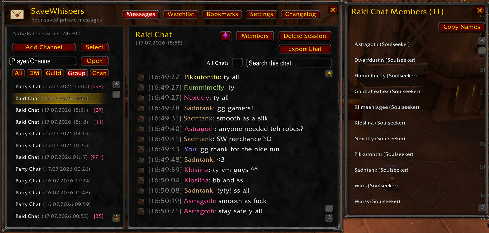 Thumbnail See who was in a saved Party/Raid session, with one-click Copy Names.