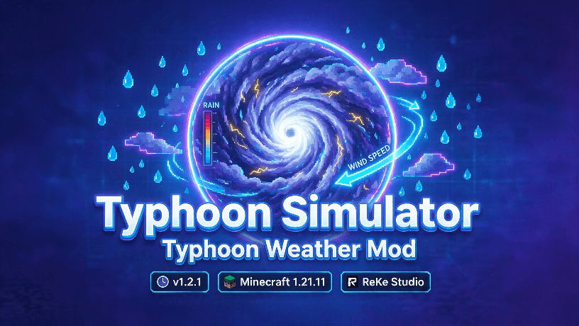 A realistic typhoon & extreme weather mod for Minecraft 1.21.11 NeoForge, created by ReKe Studio. Experience dynamic storms, heavy rain, strong winds and immersive typhoon weather effects in your Minecraft world. Version: v1.2.1 | Supported: 1.21.11 NeoFo