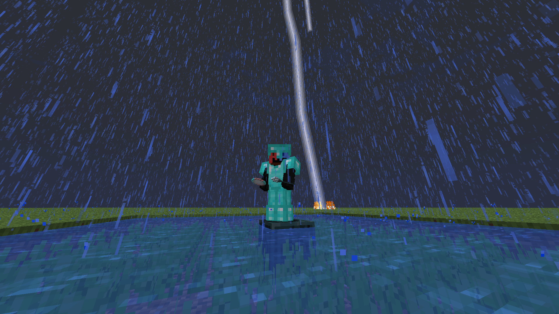 Holding a Sea's Pearl in their right hand and the Neptune's Wrath Trident in their left while standing on a Neptune's Wrath Domain block.