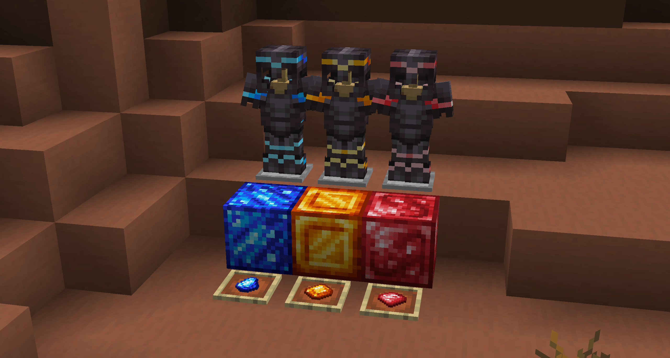 Sapphire, Topaz, and Ruby are all new Gems that can be found deep underground. They can all be made into blocks, used as armor trim, and more!