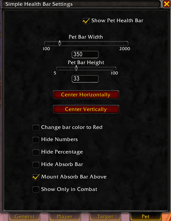 Settings panel for the player's Pet