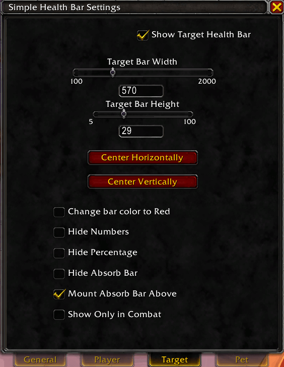 Settings panel for the Target bar.