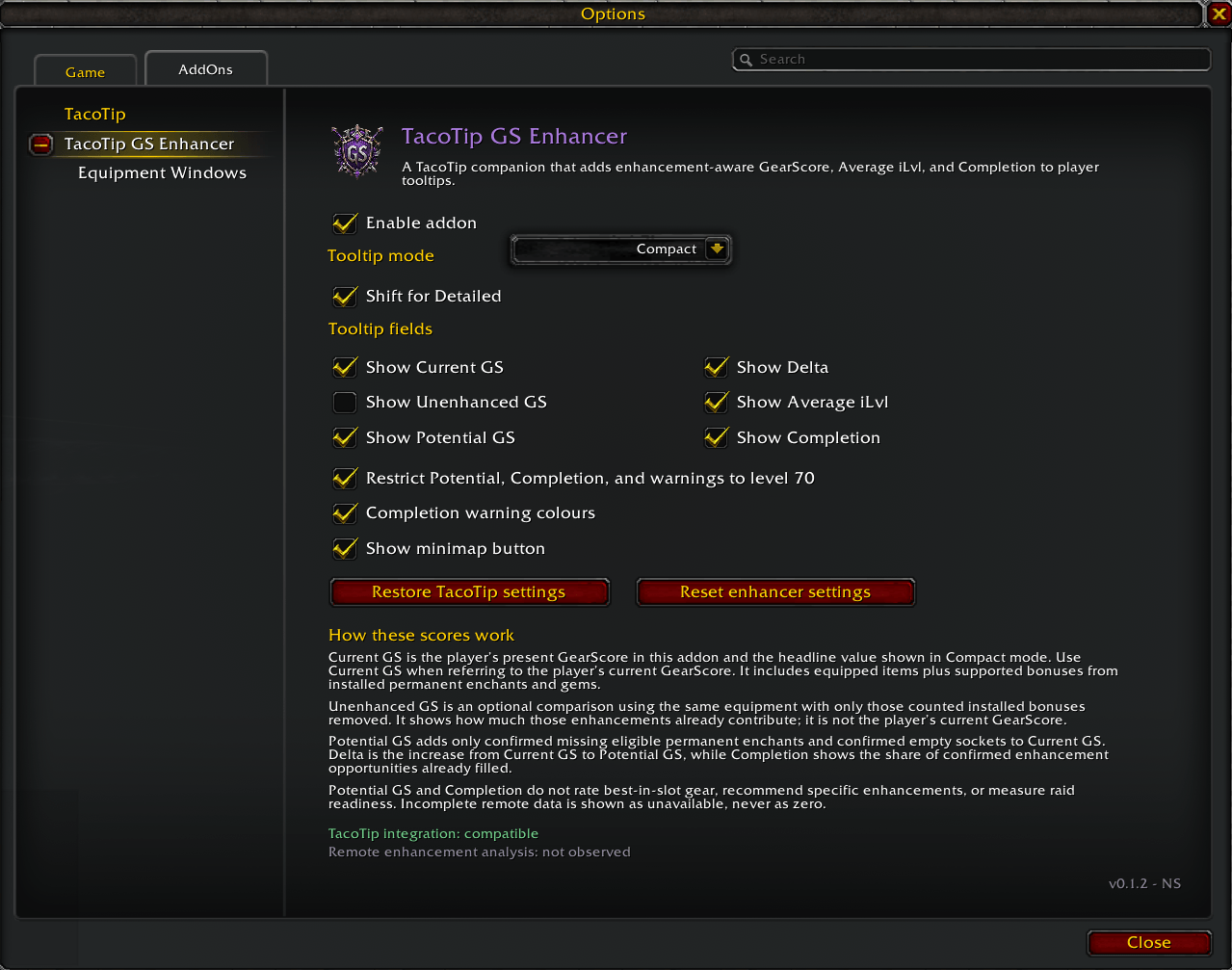 Main addon settings for tooltip layout, displayed metrics, warning colours, minimap access, and reset controls.
