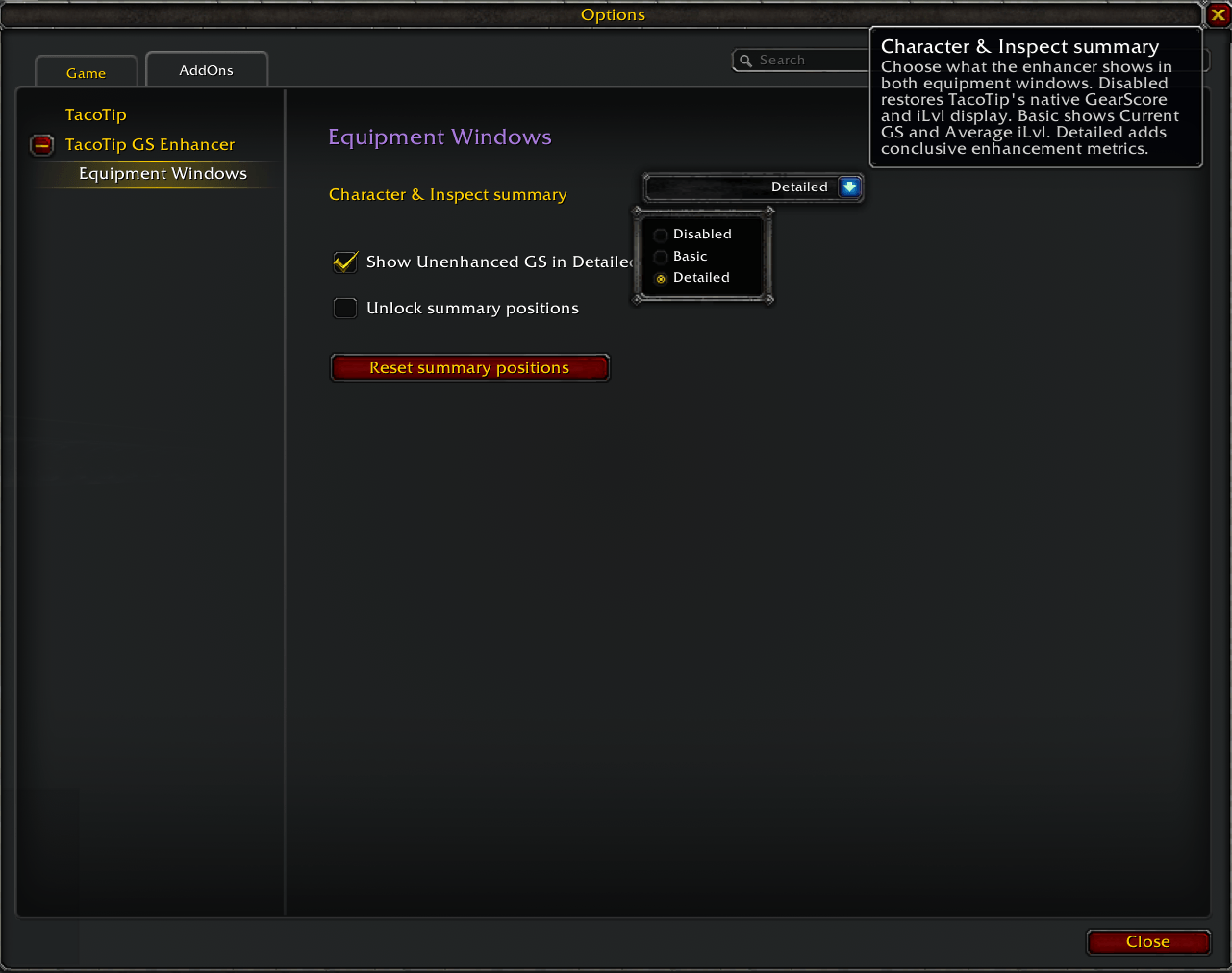 Equipment Windows settings for Character and Inspect summary mode, optional Unenhanced GS, position locking, and position reset.