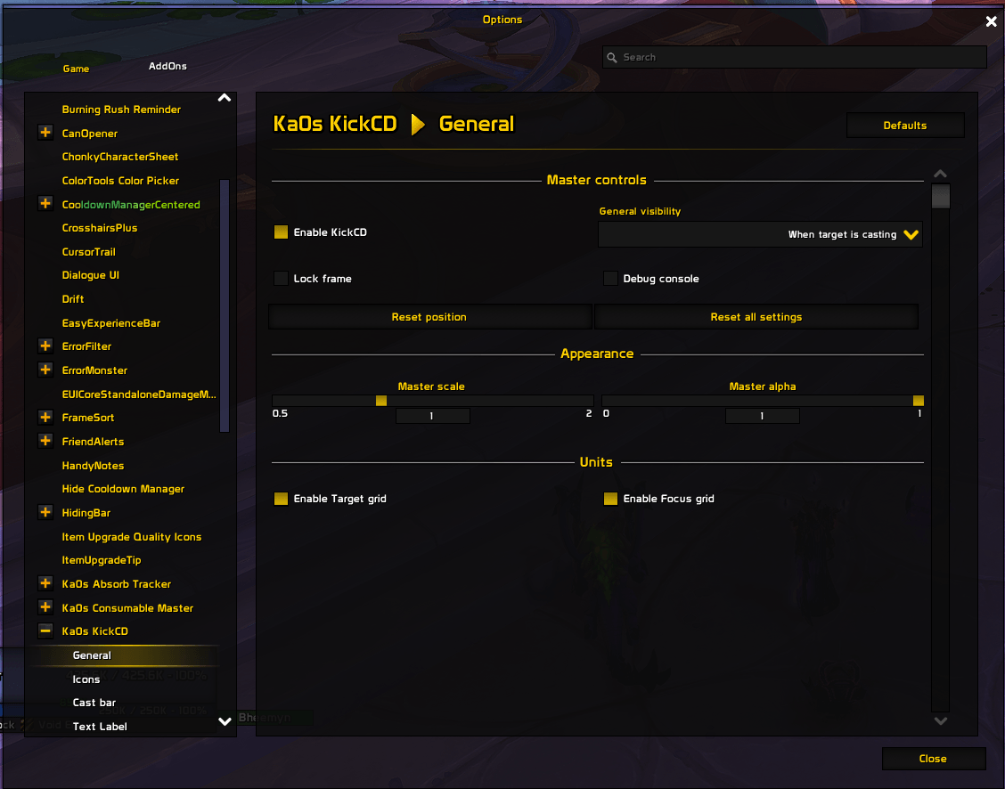 Settings panel