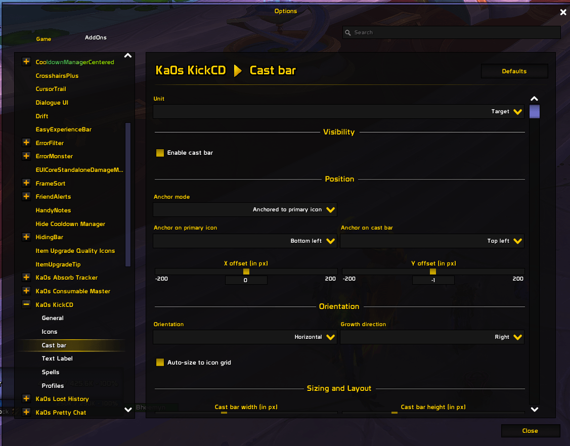 Settings panel