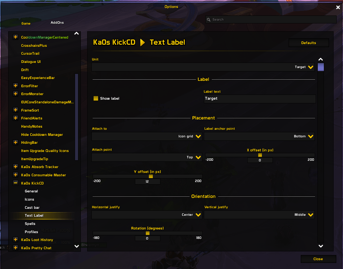 Settings panel