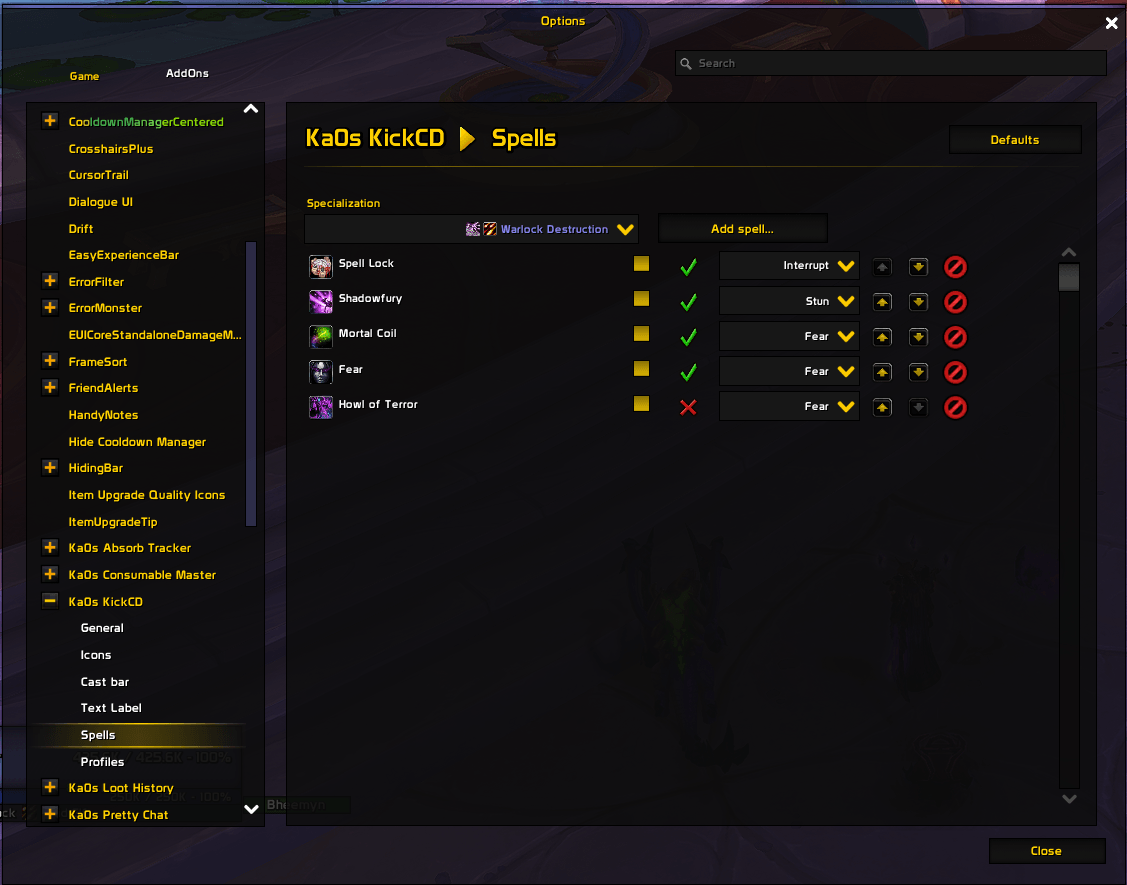Settings panel