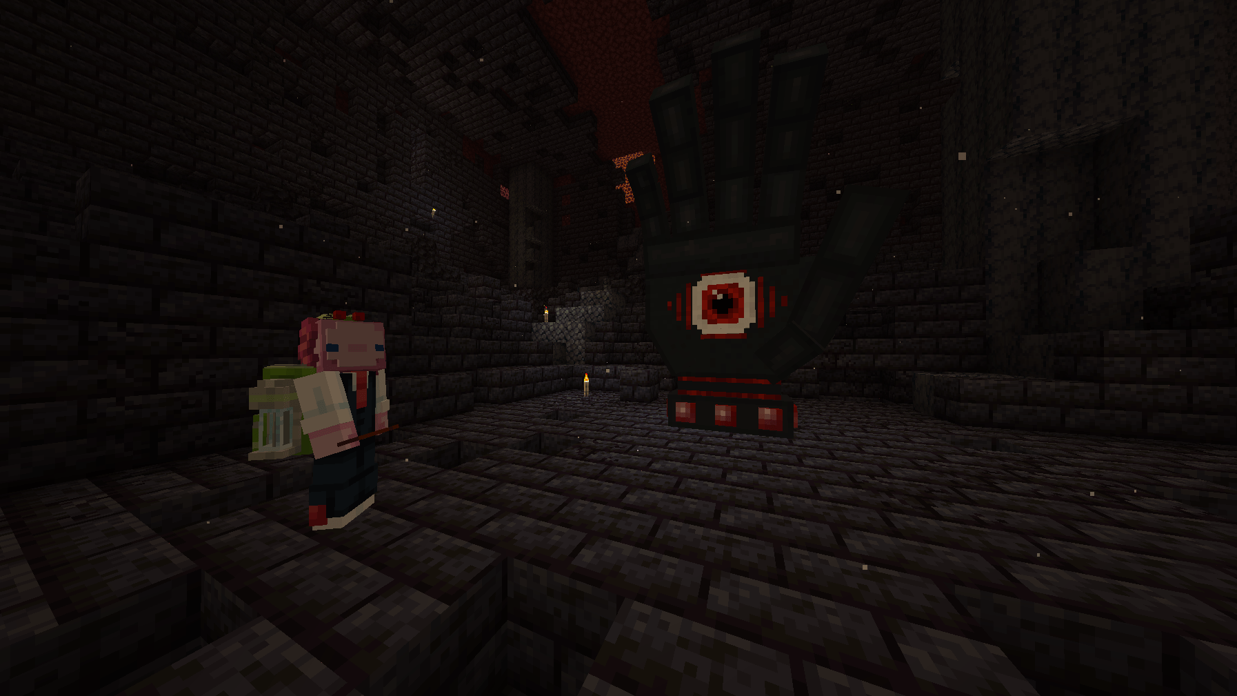 Thumbnail A friendly(?) nether gauntlet, with my little axolotl friend beside it.