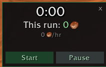 Farm without the panel open — a tiny, movable, scalable widget showing your run timer, this-run gold, and Gold/hour. Start/Pause right from it.