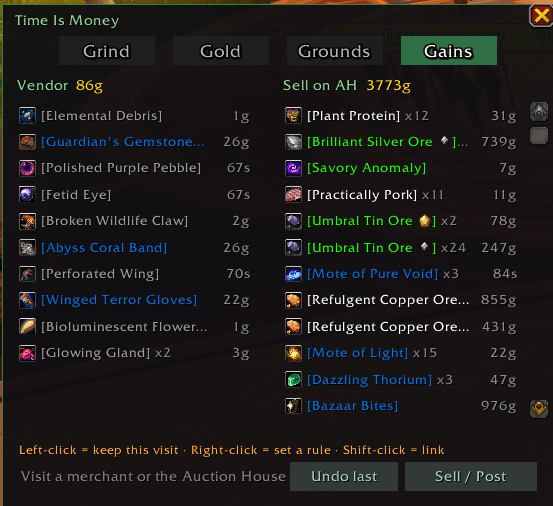 At a merchant, review the vendor pile and Sell All (with keep-toggles, per-item rules, and one-click undo). At the Auction House, Time Is Money scans live prices itself and shows the exact undercut price to list at — no TSM or Auctionator required.