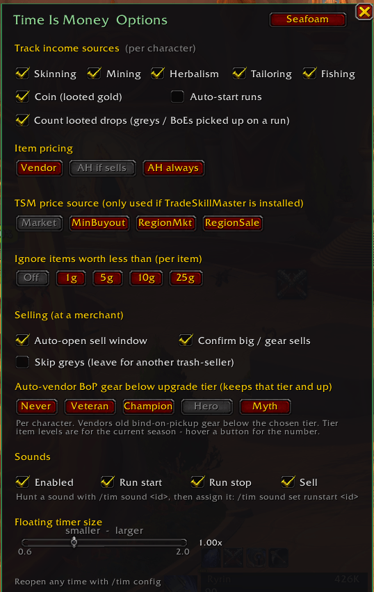 Options panel — track exactly the income sources you want (per character), pick your item-pricing rules, set your merchant sell behavior, auto-vendor old gear by upgrade tier (Veteran → Myth), tune sounds, and choose from six color themes. No spreadsheet!