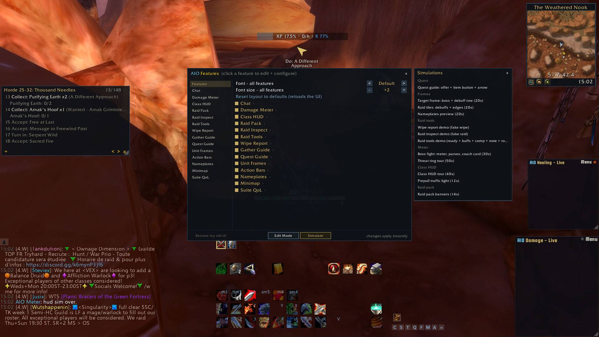 Alle Feature settings and simulation list