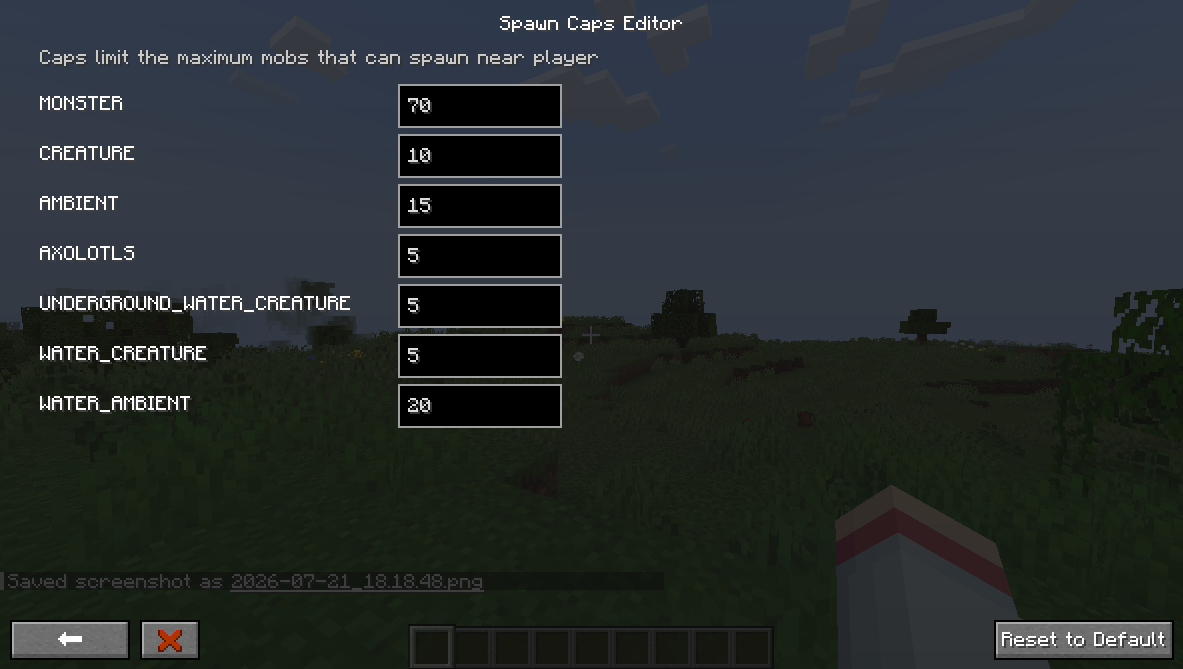 Mob caps screen
