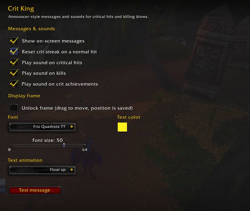 Crit King options panel