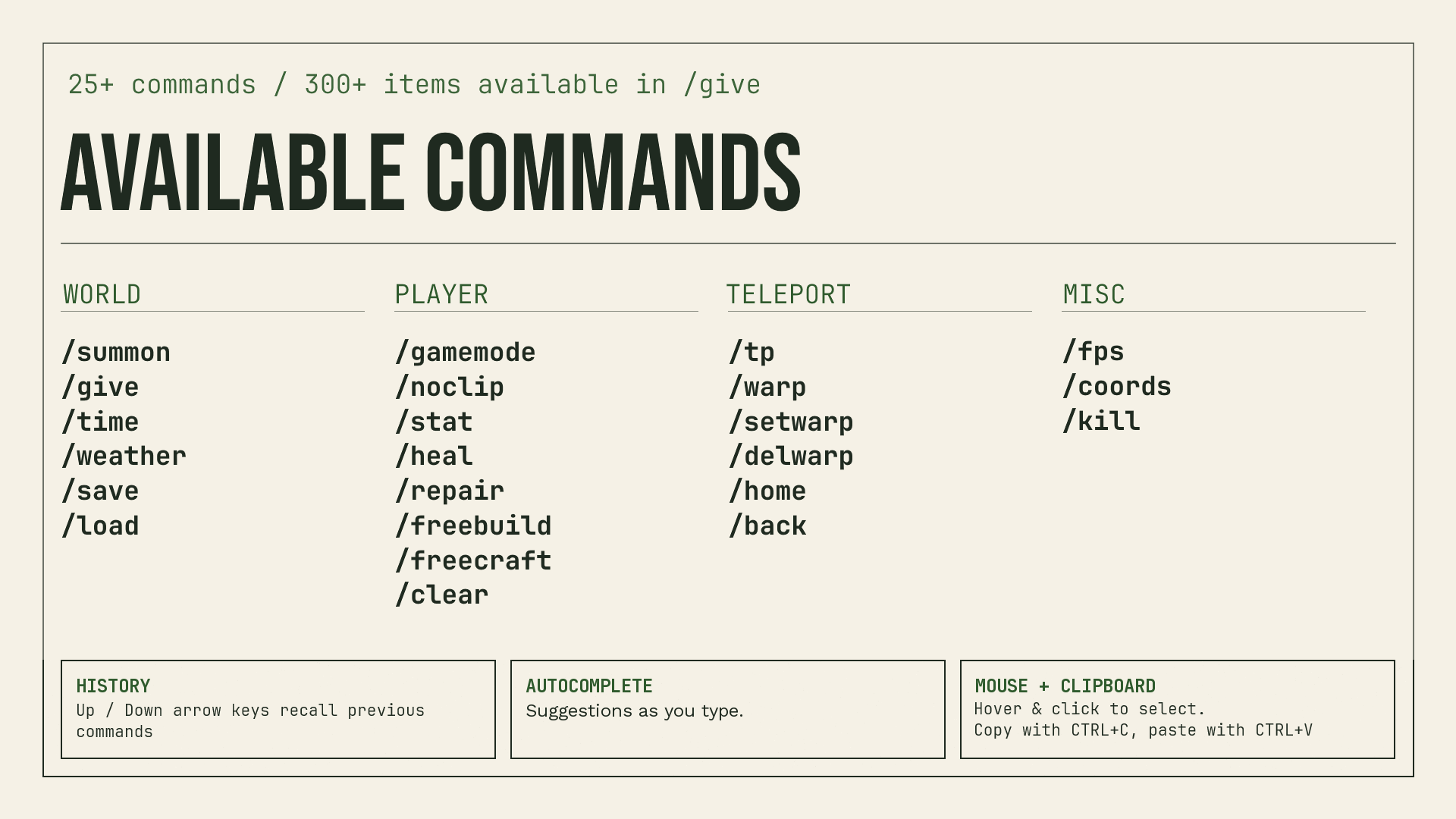 All the available commands in the mod.