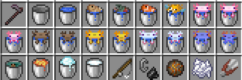 All bucket variants together in the inventory. No more opening a chest full of identical buckets and guessing which is which.