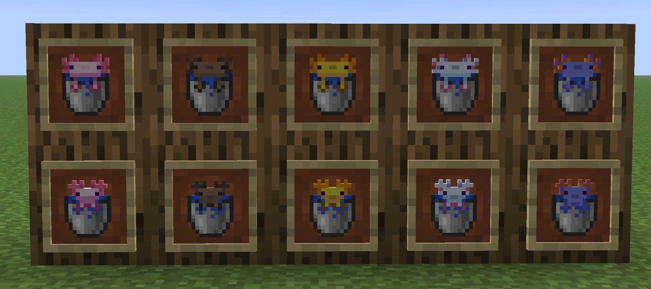 Lucy, wild, gold, cyan and blue, each with its own baby version. Perfect for labelling a breeding room: the item frame tells you exactly what's in the bucket.