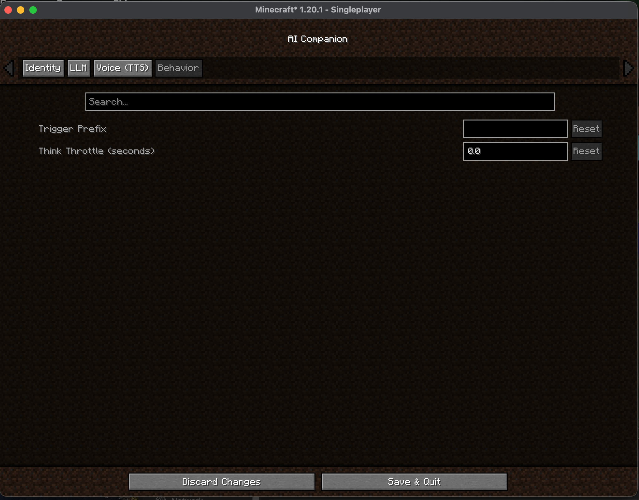 Behavior tab: trigger prefix (respond only when addressed, e.g. @Vetta) and think throttle (minimum seconds between LLM turns). Keeps a chatty server from running up your token bill.