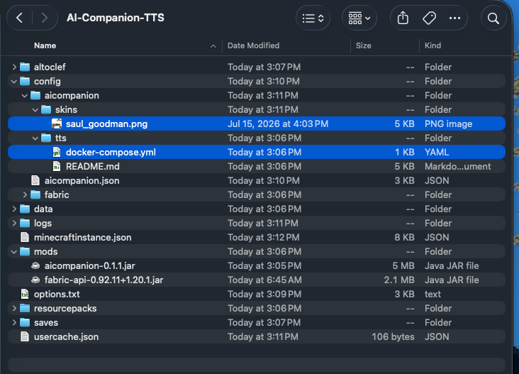 Where to find things in your CurseForge instance: run docker compose up -d in config/aicompanion/tts/ for voice output (enable TTS in the in-game config too), and drop custom skin PNGs into config/aicompanion/skins/.