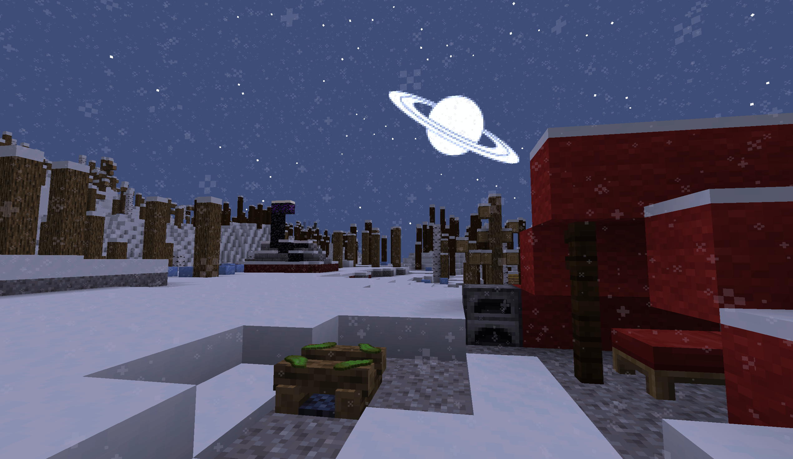 a nice saturn-lit camping session out in the forests, with a cool nether portal.
(it had an obsidian and golden boots inside the chest)