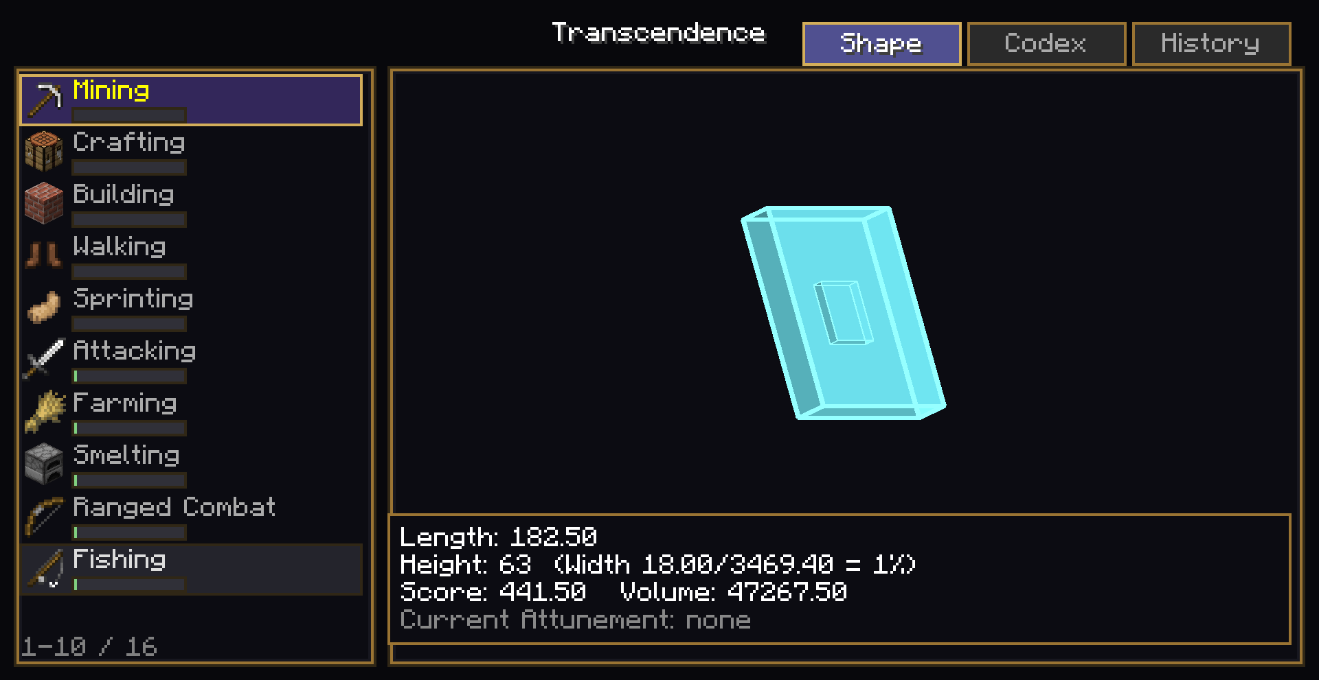 Real NeoForge client screenshot - Track sixteen mechanics, inspect your faceted Historical Form, and review Length, Height, Width, Score, Codex, and History from one sharp interface.