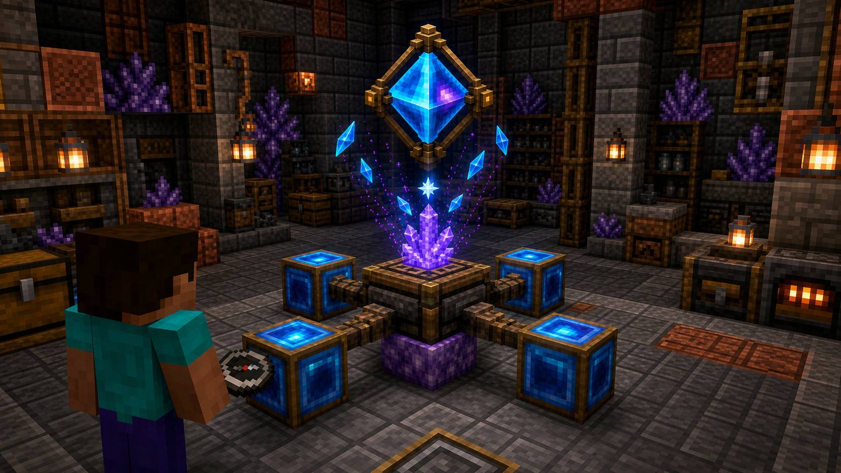 Promotional render - Complete the Architect's Cutting Table multiblock, place its four Resonant Shard blocks around the amethyst base, and use a Compass to assemble your Prism.