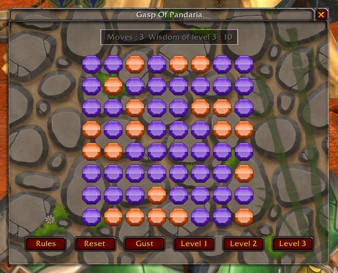 Main puzzle window showing the 8x8 gem grid, move counter and Level Wisdom.