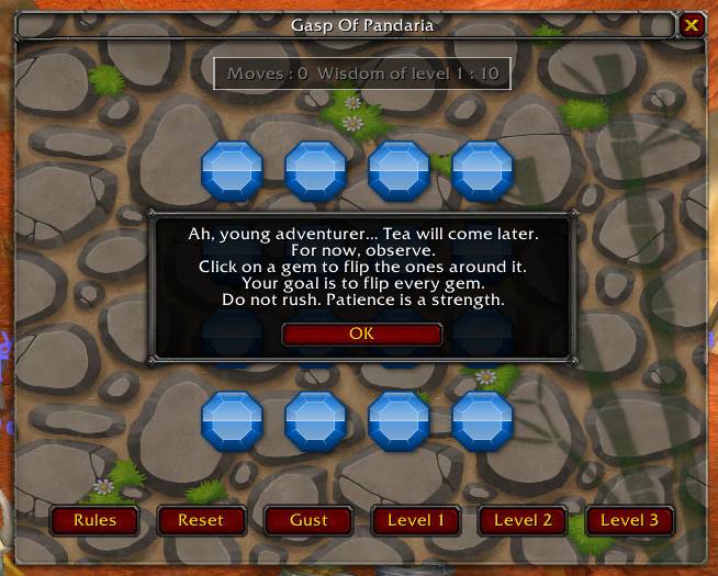 Main puzzle window showing the 4×4 gem grid and the game rules.