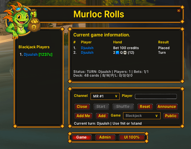 How the host addon looks like while in a game of blackjack