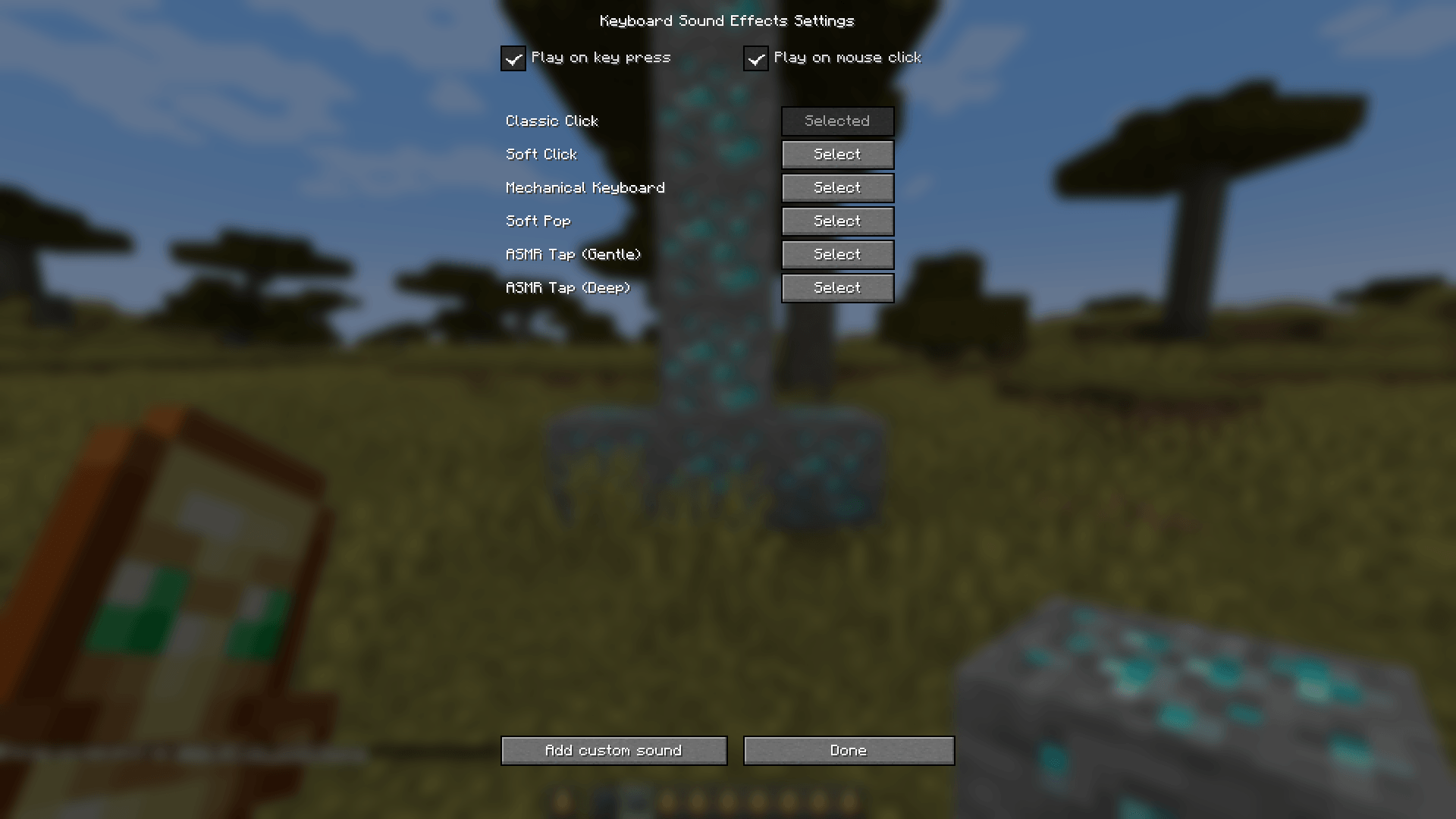 In this window, the user can select the trigger action that plays the sound, choose which sound to play, and import a custom sound.