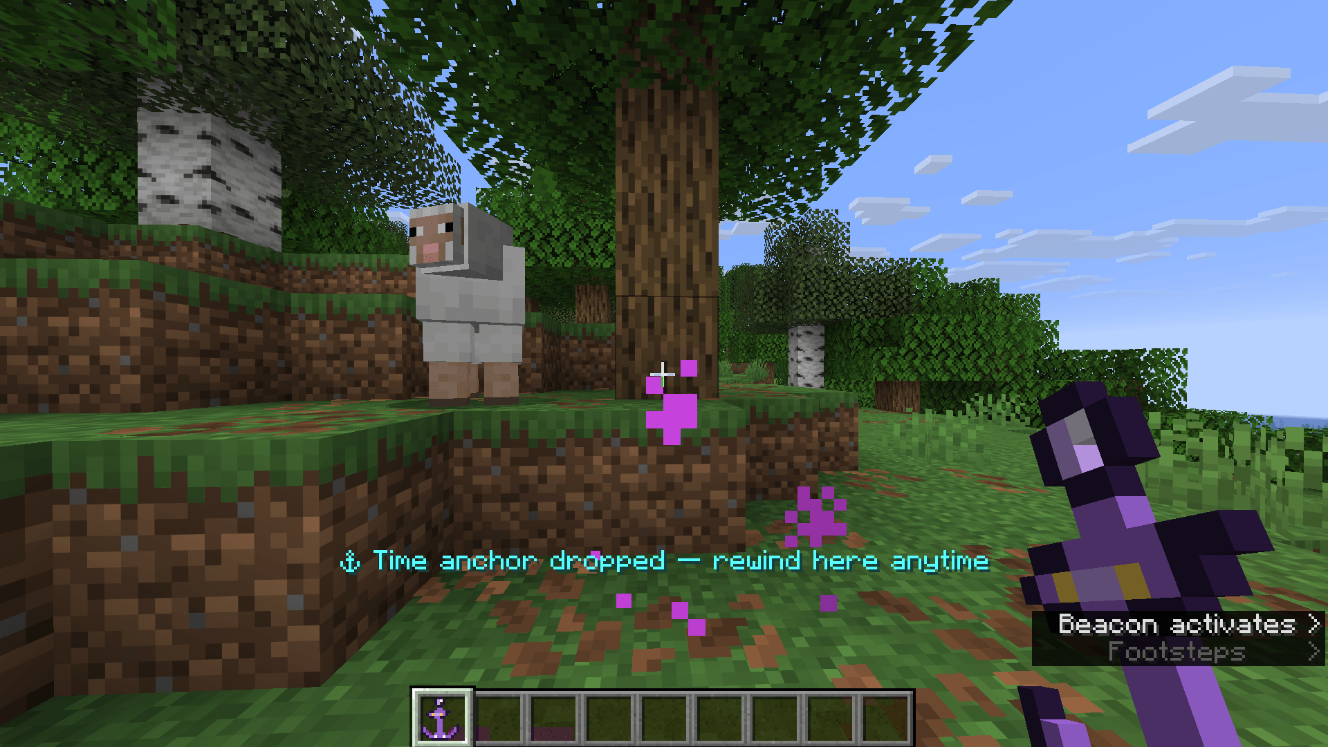Shift + right-click anywhere to plant a time anchor — your position, health and hunger are saved into the item.