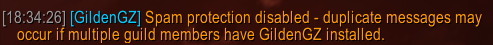 Chatnote that you turned off Spam protection. Now your guild rank doesn't matter and GildenGZ will post to every event (Level/Maxlevel/Achievement).
