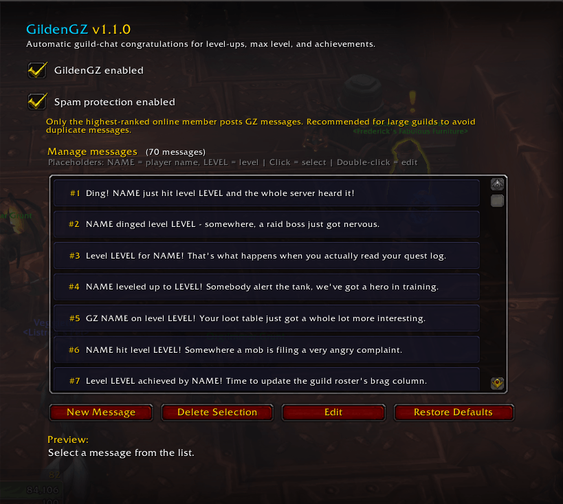 GildenGZ main menu for level up, you can edit, add, and delete (user) qoutes, also you can turn off Spam protection.