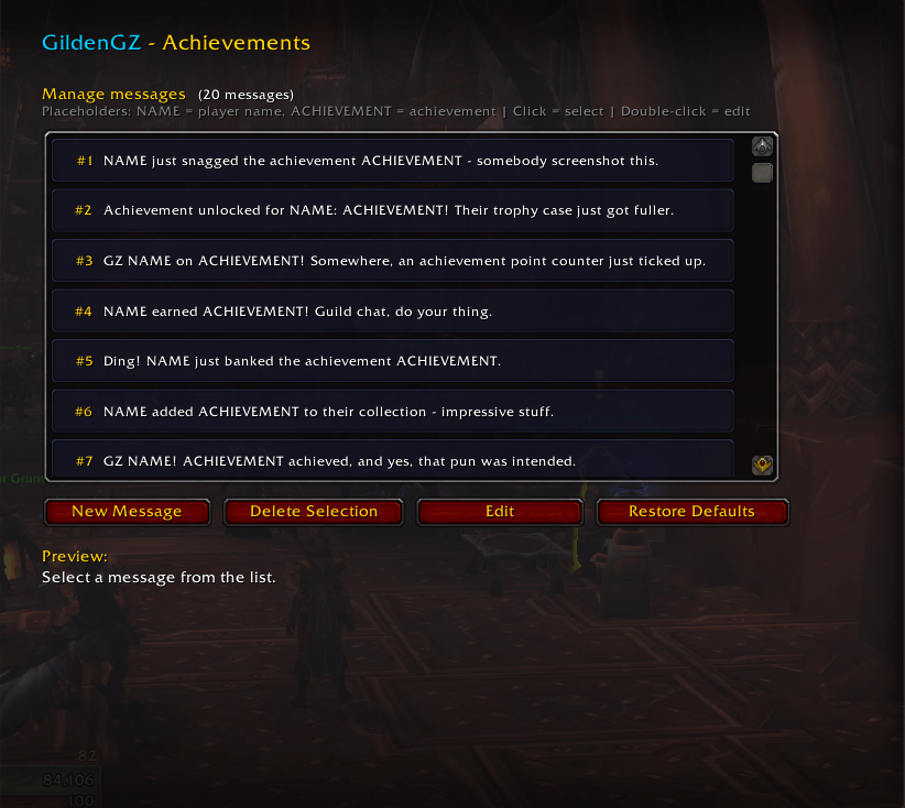 Thumbnail GildenGZ Achievements menu. Add/Edit, delete and preview qoutes.