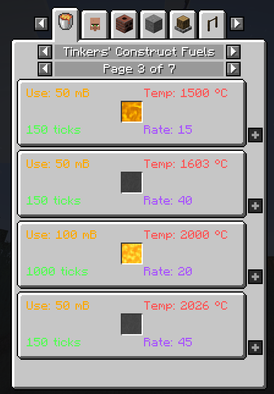 Screenshot: Tinkers' Construct Fuels with TiCEX and Tinkers' Advanced Legacy installed. Additional fuels shown are provided by those mods.