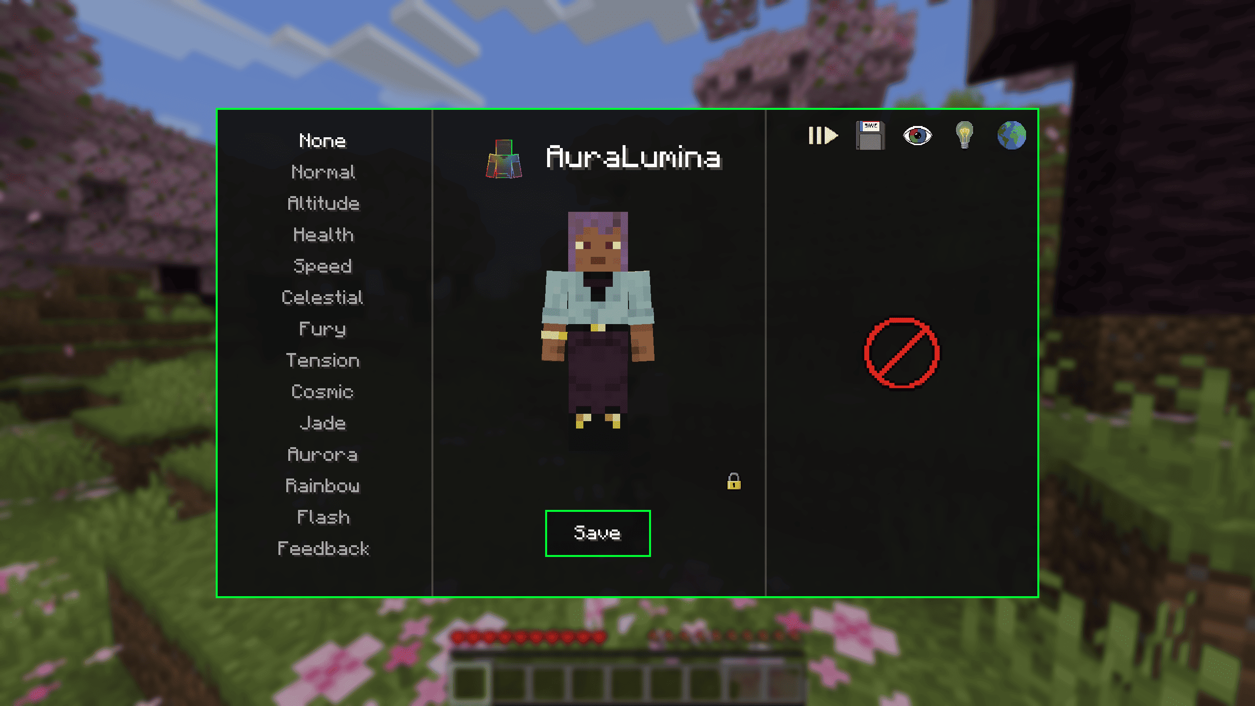 The user interface of the mod where players can preview and select various visual effects (such as Normal, Altitude, Health, Speed, Celestial, and more) applied to the character, featuring a save button.