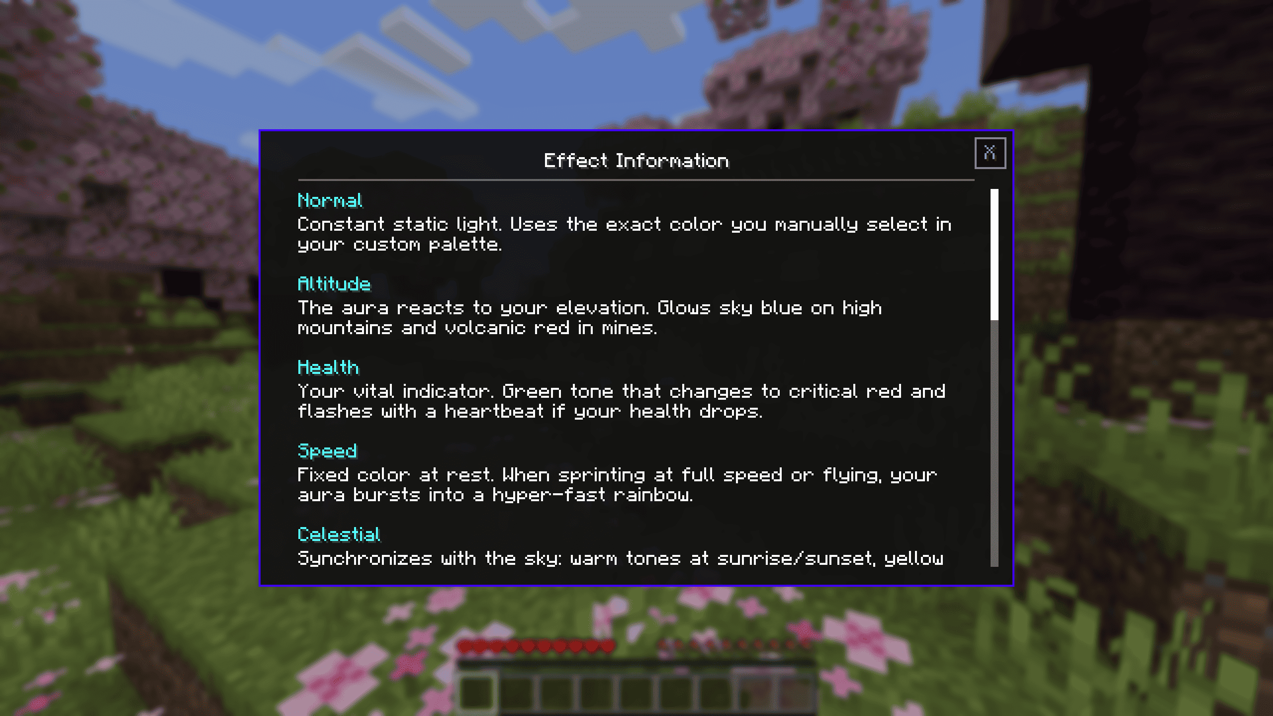 A detailed overview screen explaining the behavior of different aura effects such as Normal, Altitude, Health, Speed, and Celestial.