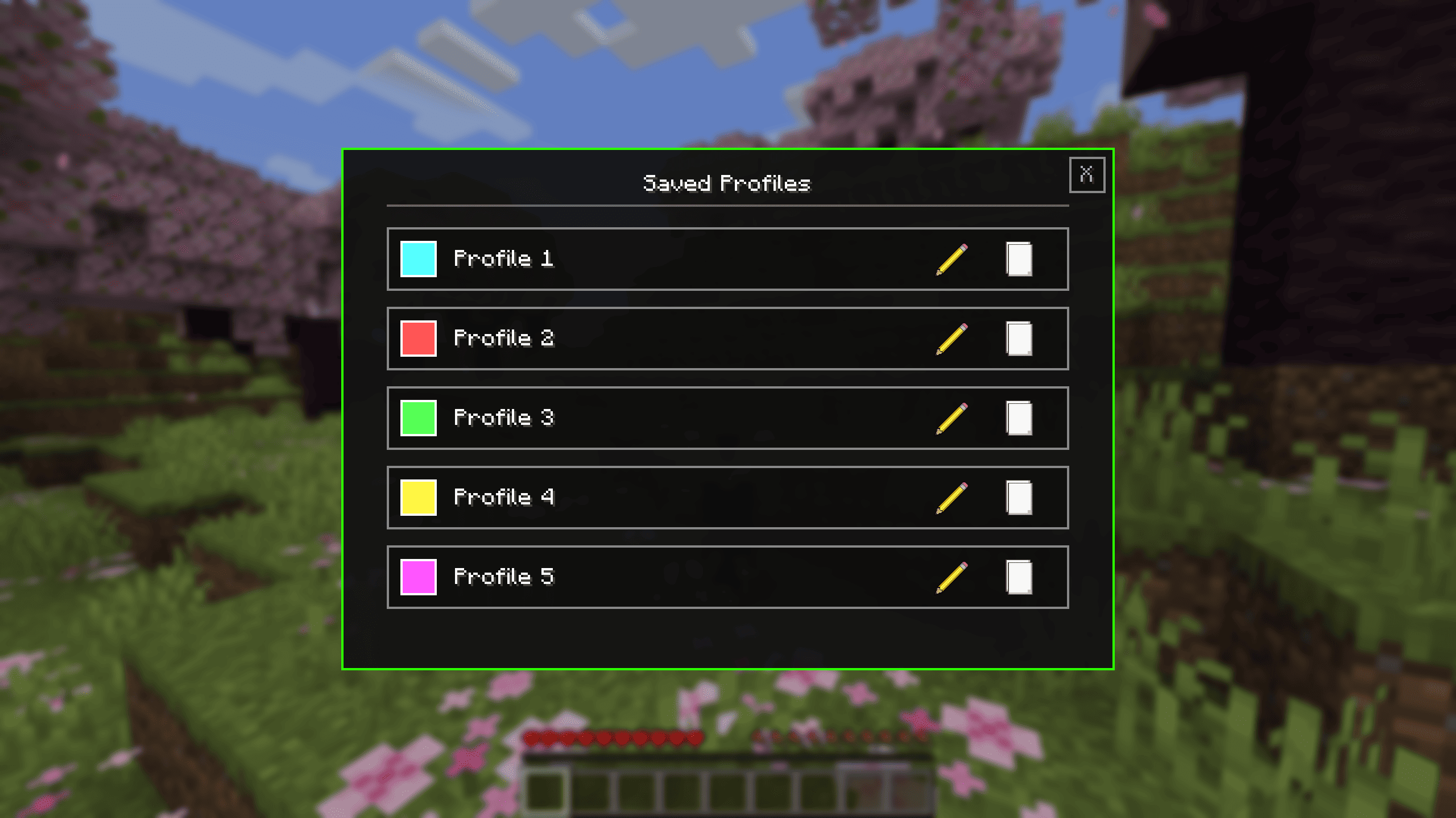 The management interface displaying a list of custom saved profiles (Profile 1 through Profile 5) with individual color icons, edit options, and management buttons.