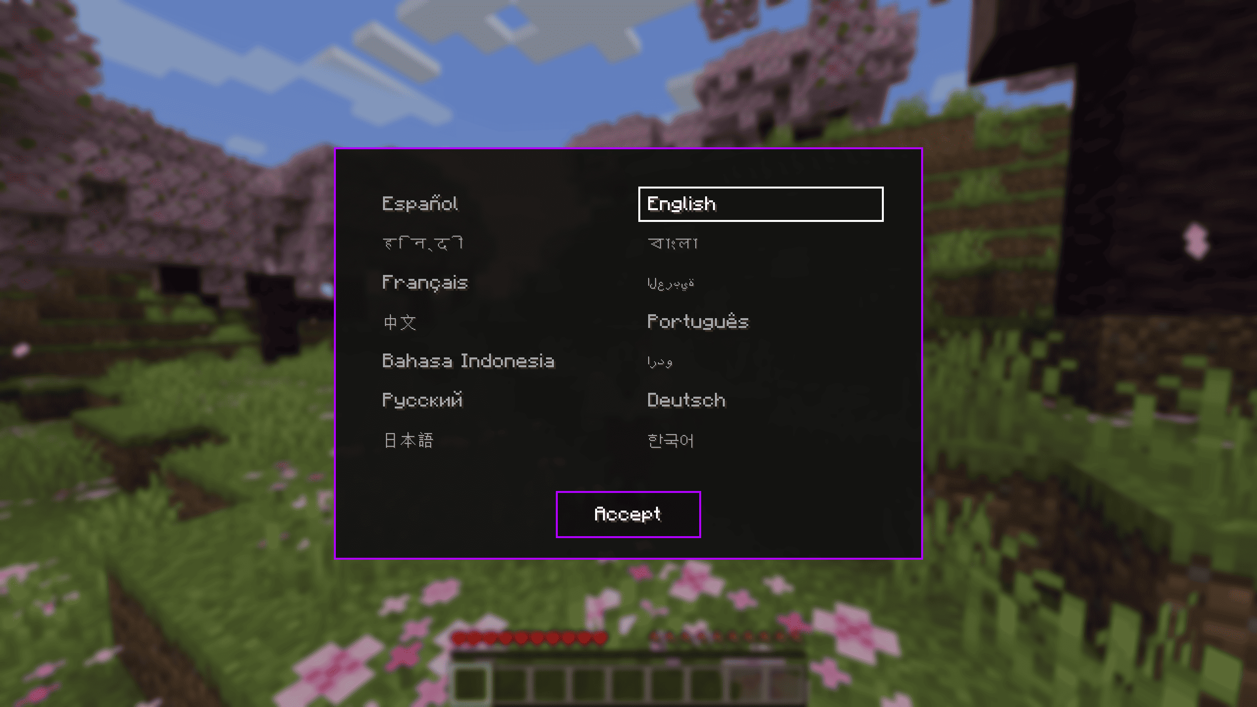 The localization interface showing various language options available in the mod, with an Accept button at the bottom.