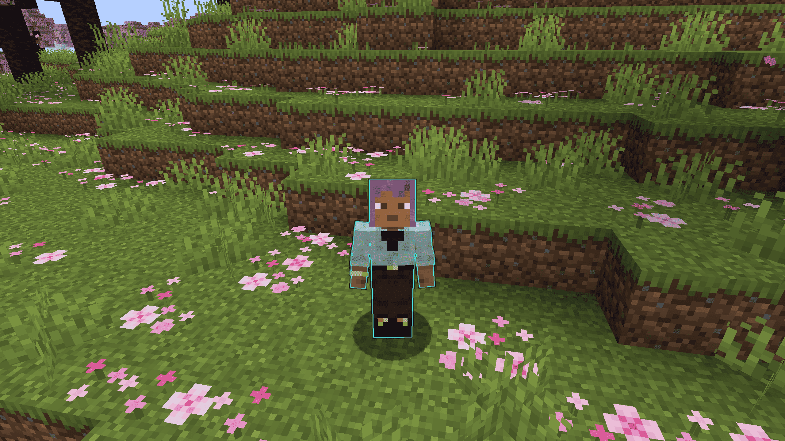 A gameplay screenshot showing a player character in a Cherry Grove biome with the mod's custom cyan aura effect active around them.