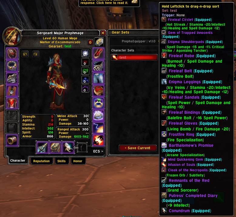 Tooltip of a set indicating state of Equipped, Bag, Banked etc.