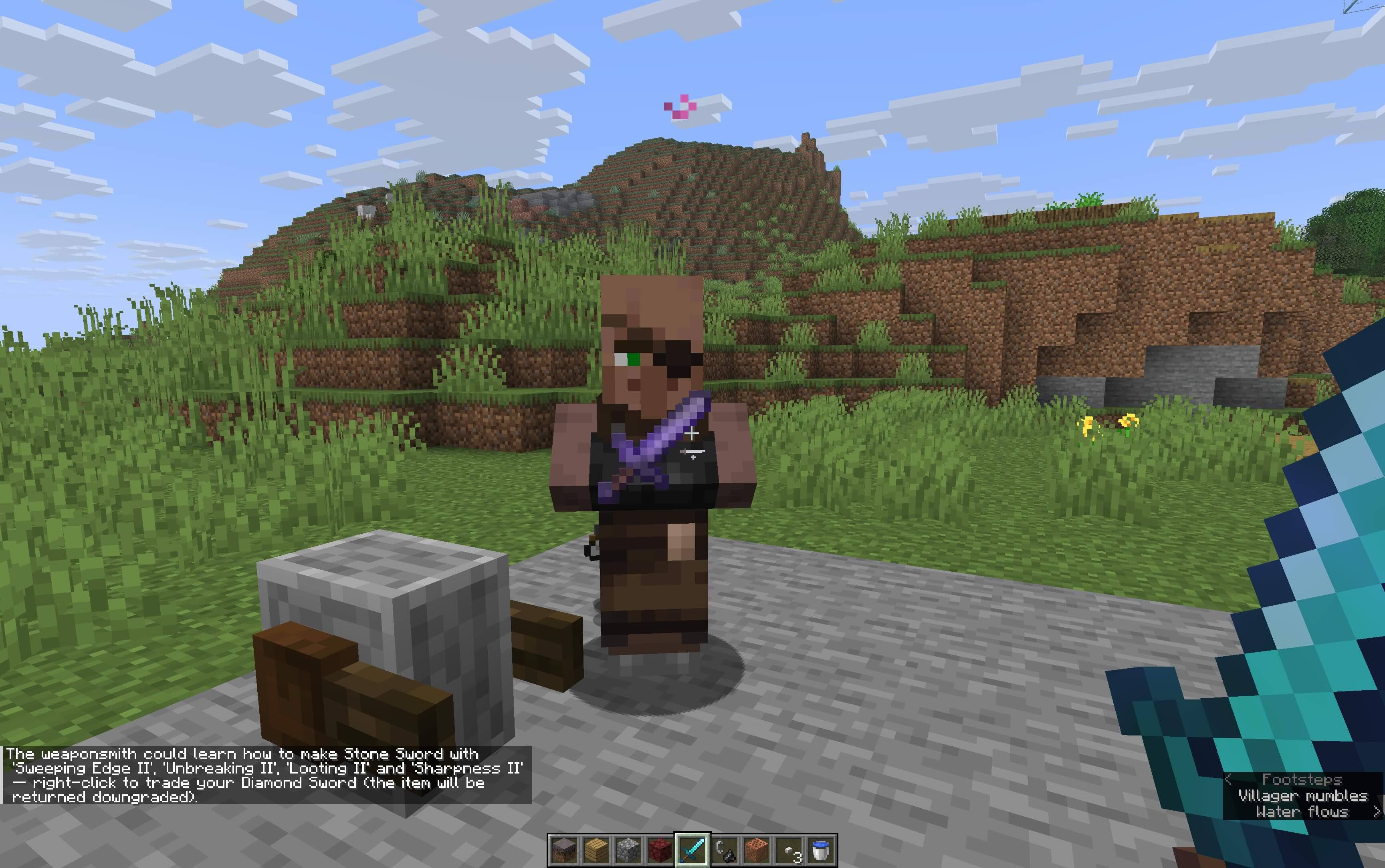 This Villager, an Apprentice, can only learn Level 1 and 2 enchantments, and can only craft Wood and Stone. So, they'll buy your sword, but will only then trade a cut-down version