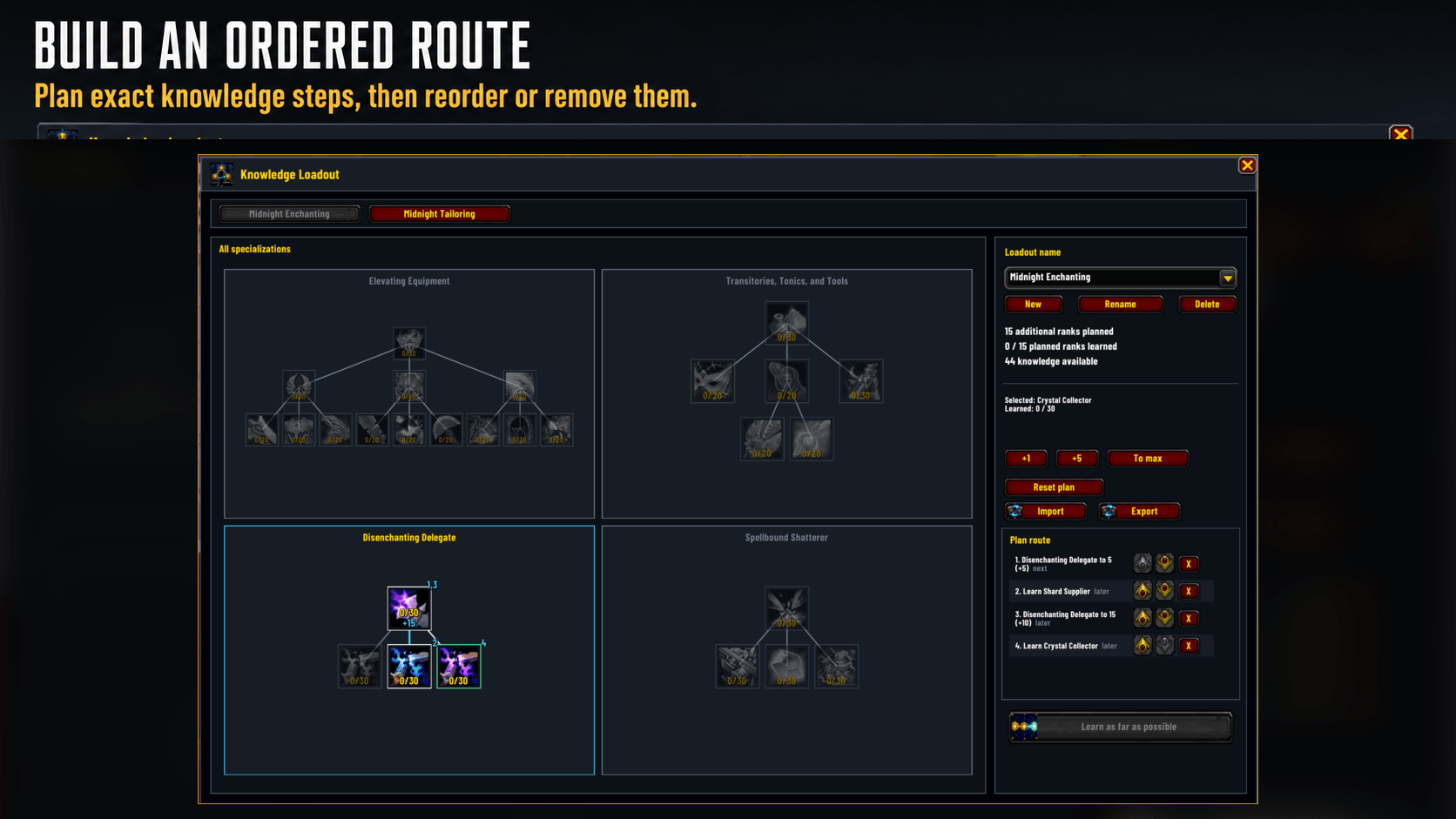 Build an exact profession knowledge route with separate Learn steps, repeated node visits, and per-step reordering.