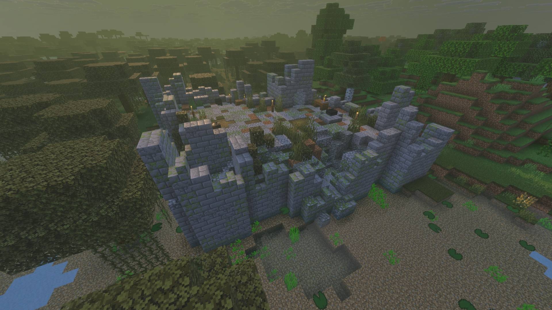Big castle like ruins in a swamp biome that are used by witches