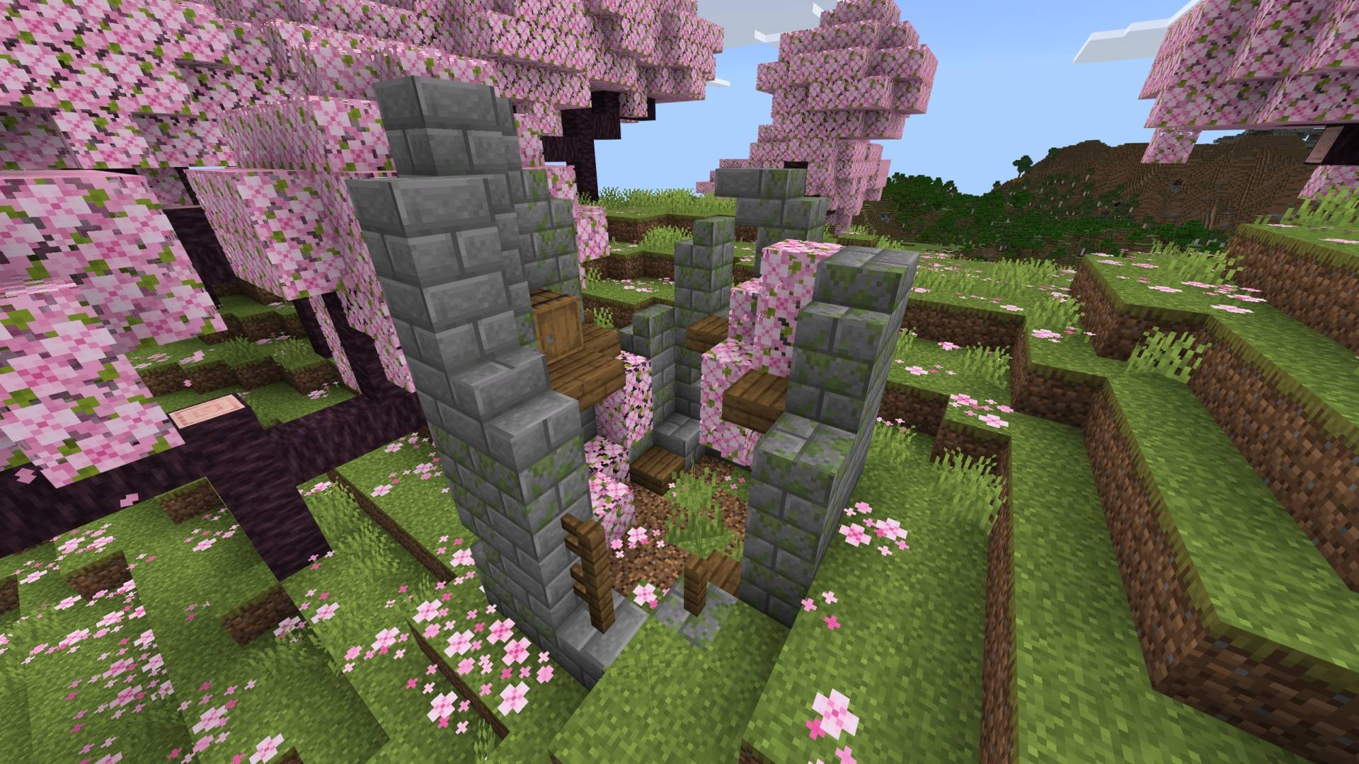 tower ruin in a cherry grove biome