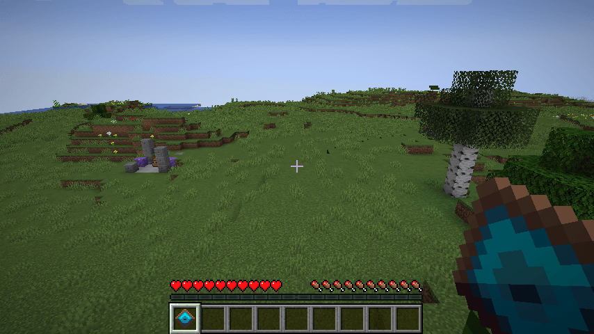 Thumbnail Unedited NeoForge gameplay capture: the Transcendence Prism held in first person inside the GalleryCapture world, with an Architect ruin visible across the plains.