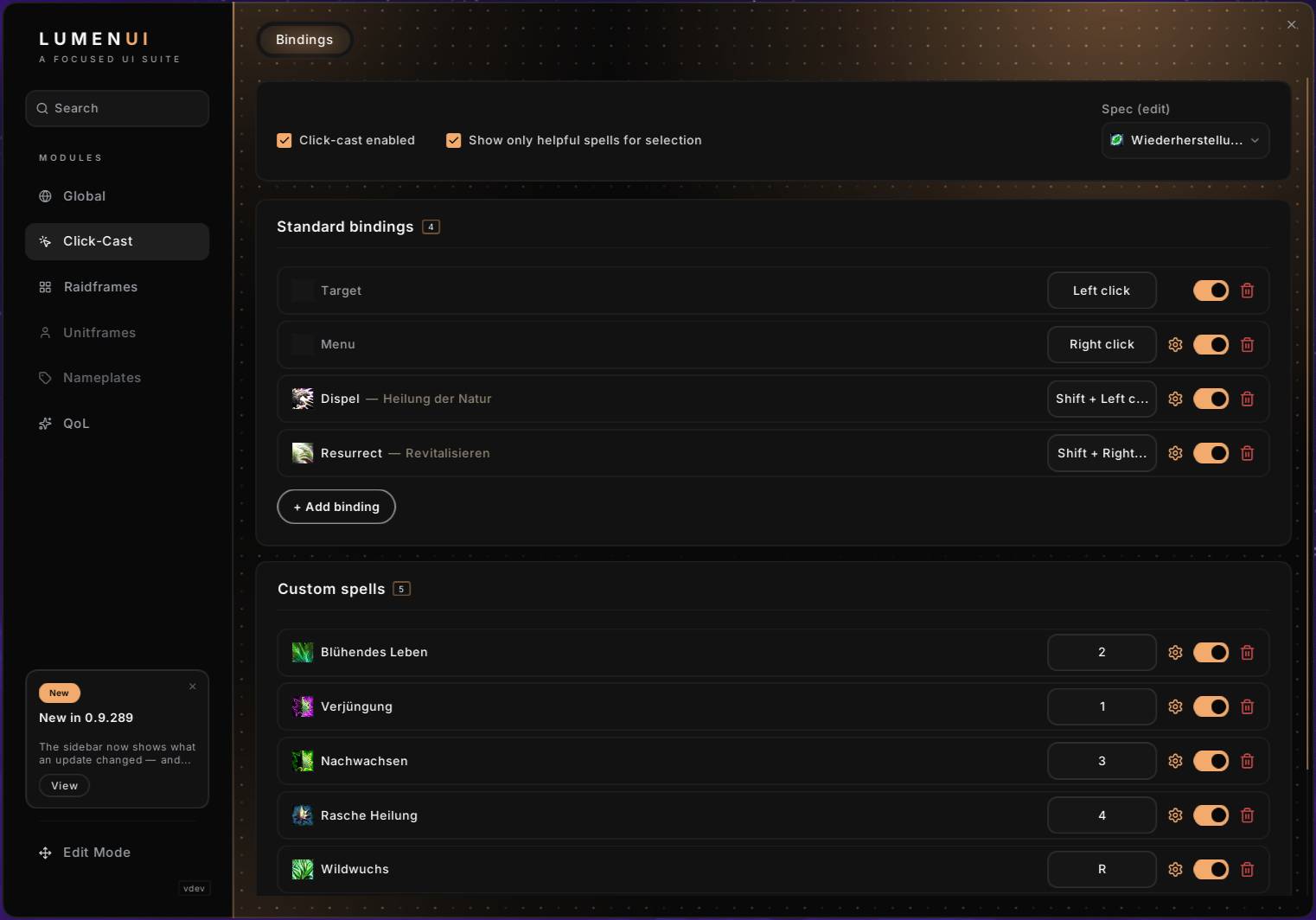 Bindings Tab