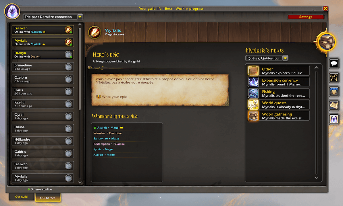 Browse your guild's heroes, their stories, and recent activity.